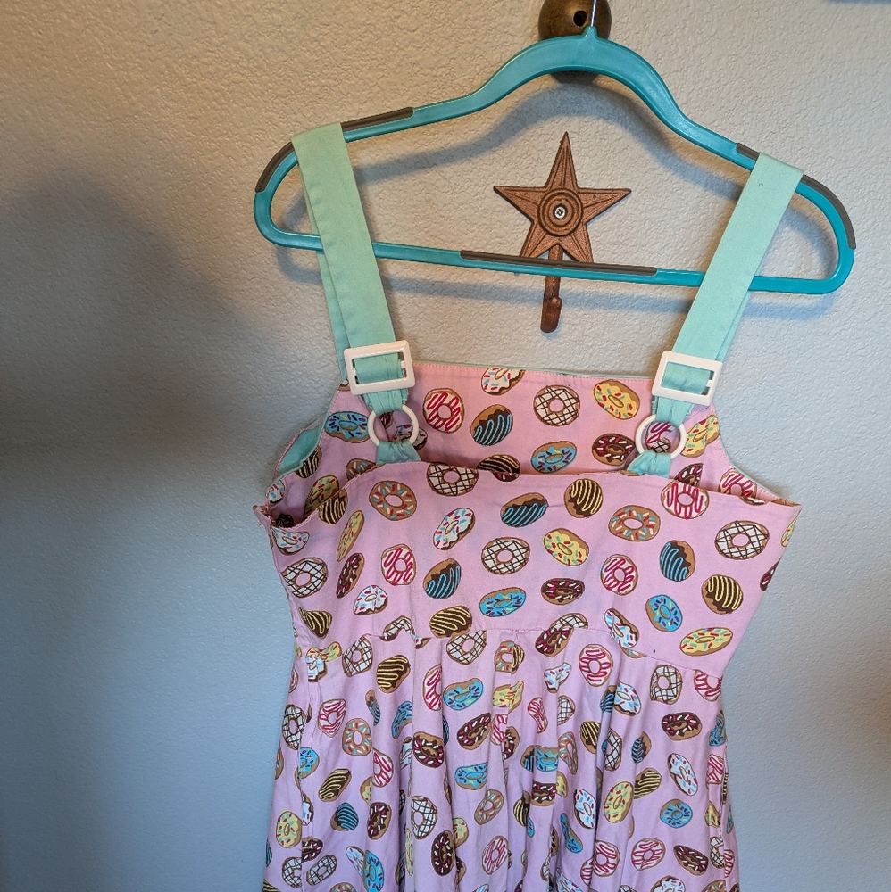 Pinup Girl Golightly Rockabilly Donut-Print Dress in Aqua and Pink - Picture 2 of 5